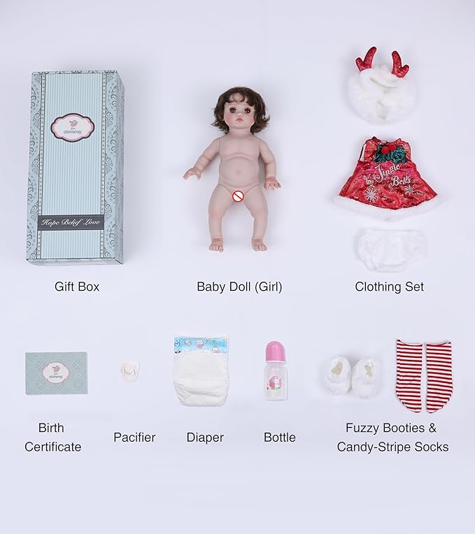 Baby Dolls, 18 Inch Realistic Reborn Full Vinyl Baby Doll with Brown Curly Hair, Hand-Painted Freckles & Cozy Red Outfit for Girls Ages 3+, Pretend Play, Display & Collection