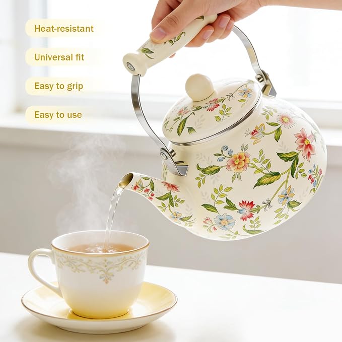 Anxingo Enamel Tea floral Kettle,Tea Kettle Pot for Stove, Top Porcelain Large Enamel Tea Kettle 2.5L,Retro Classic Design