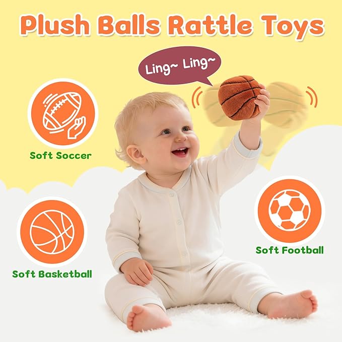 Baby Ball Toys 0-6 Months, Newborn Plush Rattle 3pcs Football Basketball Soccer Sports Set-Sensory Toys with Rattles for 0 3 6 9 12 Months Infant Boys Girls Birthday or Shower Gifts