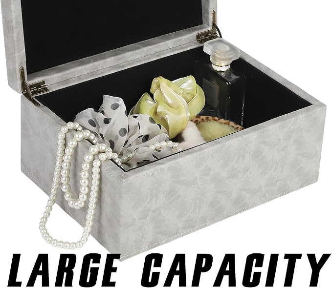 HofferRuffer Faux Leather Decorative Box, Large Wooden Structure Keepsake Box Accessory Organizer Jewelry Organizer with Hinged Lid, Storage Container for Home or Office (Grey)