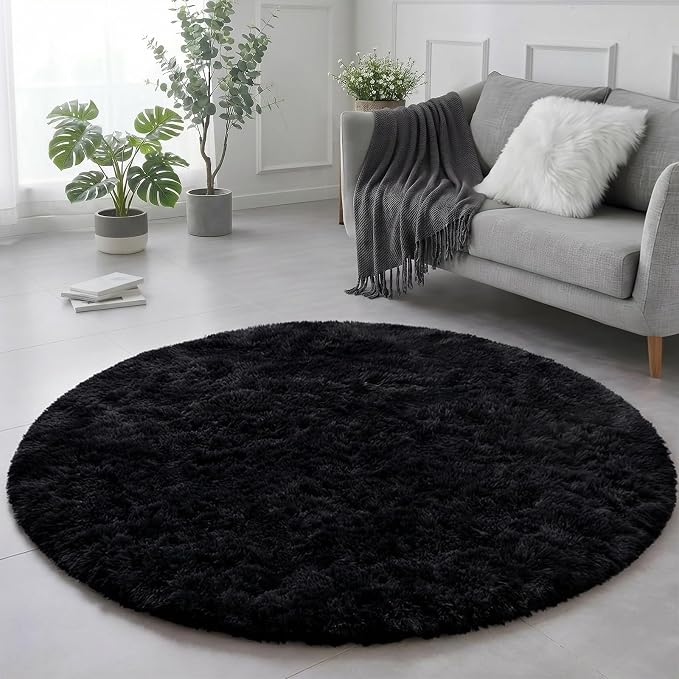 Black Round Rug 4Ft for Bedroom, Fluffy Circle Area Rugs for Living Room Decor Aesthetic, Shaggy Furry Circular Floor Carpet for Office Playroom Nursery Classroom, Modern Baby Kids Teen Boys Mens Rug