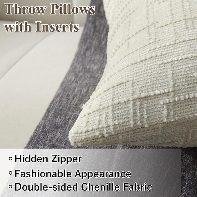 18" x 18" Decorative Throw Pillow with Inserts, Set of 2 Soft Modern Farmhouse Throw Pillows, Square Boho Pillow for Couch, Bed, Sofa Decor (White, 18" x 18"(Pack of 2))