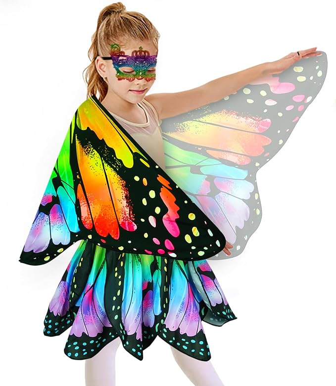 Kids Butterfly Wings Costume for Girls Fairy-Wings Mask Party Favors Gifts (Rainbow+Skirt Sets)