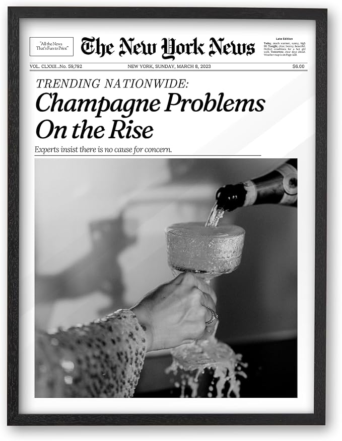 iHery 16x20in Champagne Problems on the Rise Framed Newspaper Art | Premium Black Natural OAK Wood Frame with Canvas Print, Vintage Champagne Decor for Bar Cart, Kitchen, Living Room 1Pack