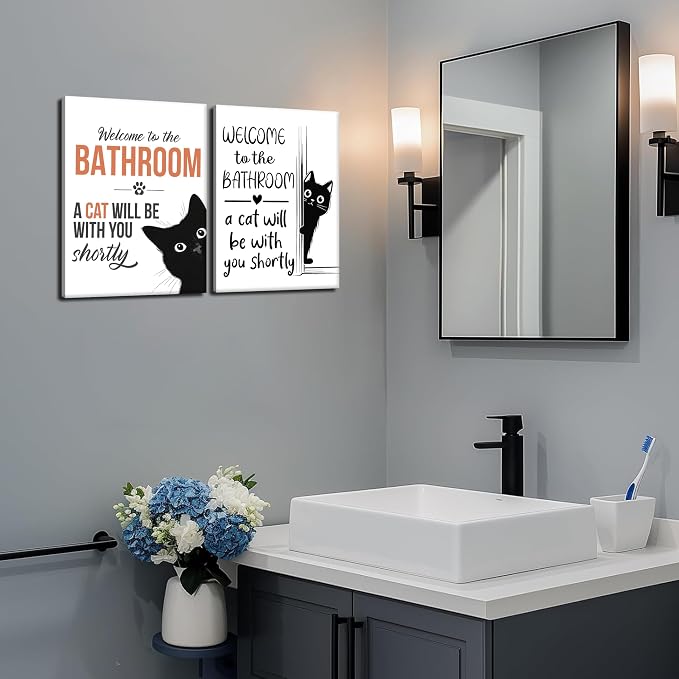 MUWAK Funny Welcome to the Bathroom Slogan Wall Art Set of 2 – Cat will Be With You Shortly Canvas Prints, Funny Bathroom Sign Pictures Wall Decor for Restroom, Washroom – 12x16in