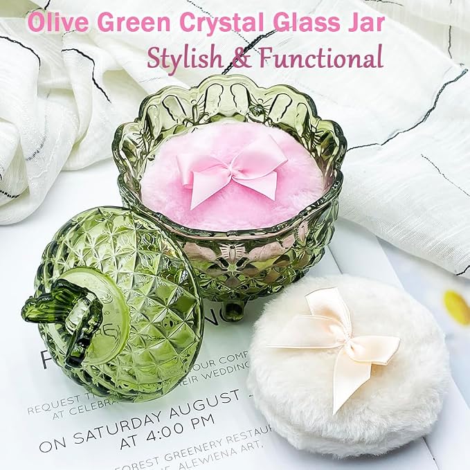 4" Glass Dusting Powder Container with 2 Fluffy Puffs,Cute 3.5" Soft Body Powder Puff and Jar Set(Butterfly-olive green)