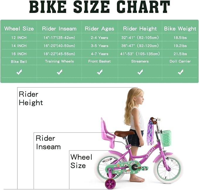 RULLY 12-16 Inch Girls Bike with Doll Seat Basket and Training Wheels for 2-6 Years Children