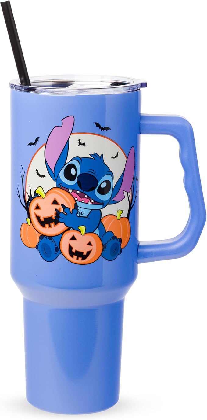 Silver Buffalo Disney Lilo and Stitch Halloween Spooky Pumpkin Jack-O-Lantern Double Walled Stainless Steel Tumbler with Handle and Straw, Fits in Standard Cup Holder, 40 Ounces