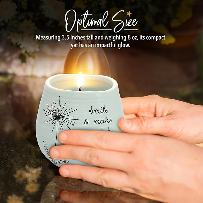 Pavilion Gift Company - 8 Oz Candle Holder - Green Ceramic Candle Jar with 100% Soy Wax Candle Serenity Scent "Smile And Make A Wish, Happy 50th" Ideal Gift for Loved Ones - Printed Text, Love Theme