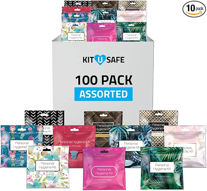 Bulk Period Kits (Assorted Colors) – Prefilled Menstrual Hygiene Kits with Tampon, Pad & Feminine Wipes | Individually Wrapped for Schools, Shelters & Outreach Programs (10)