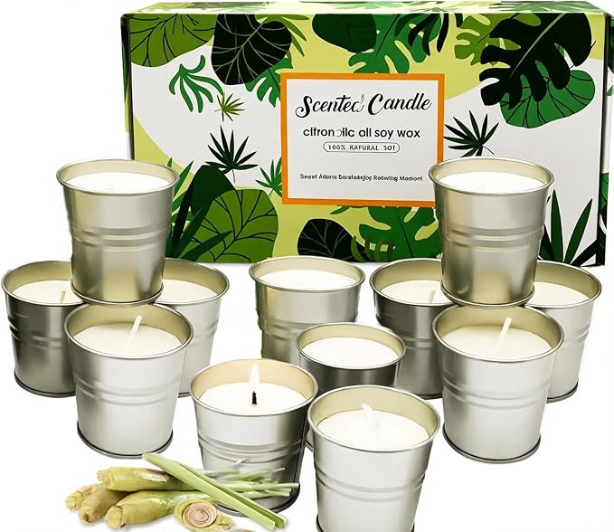 Indoor and Outdoor Citronella Candles -100% Natural Soy Wax Candles with Rich Aroma, Suitable for Indoor and Outdoor Use, Home Decoration and Relaxation Moments. (12-Pack)