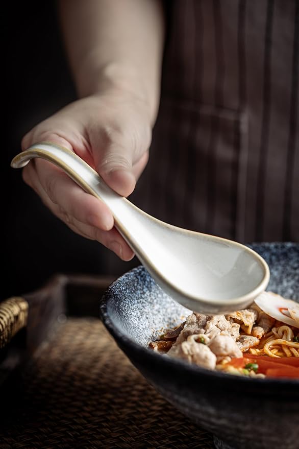 LYEOBOH Asian Soup Spoons, 6.5 inch Ceramic Soup Spoon Set of 6, Dinner Spoons with Deep Hook for Home, Kitchen, Dishwasher & Microwave Safe, Farmhouse Style, Beige