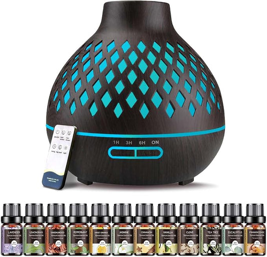 Aeshory Aromatherapy Diffuser & 12 Essential Oils Set, 550ML Aromatherapy Diffuser for Home, Ultrasonic Cool Mist Humidifier with Remote Control 4 Timer 7 Color LED Light, Waterless Auto Off, Dark