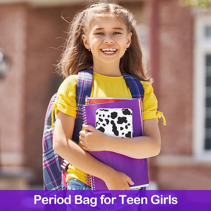 Sanitary Pad Storage Bag Portable Period Bag for Teen Pads/Sanitary Napkins/Small Tampons, Sanitary Napkin Storage Bag First Period Gifts for Teen Girls (Cow)