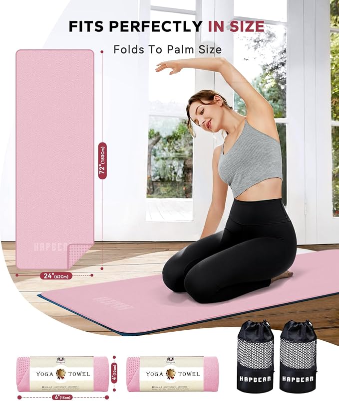 HAPBEAR 2 Pack Hot Yoga Towel with Non-Slip Grip Dots, 72" x 24" - Super Absorbent, Soft Microfiber Yoga Mat Towel for Bikram, Gym, Pilates - Pink