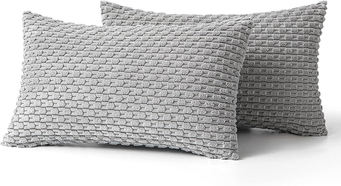 MIULEE Lumbar Decorative Throw Pillow Covers 12x20 Light Grey Corduroy | Textured Striped Pack of 2 Striped Pillow Covers Modern Farmhouse Home Decor for Couch Bed Sofa Living Room