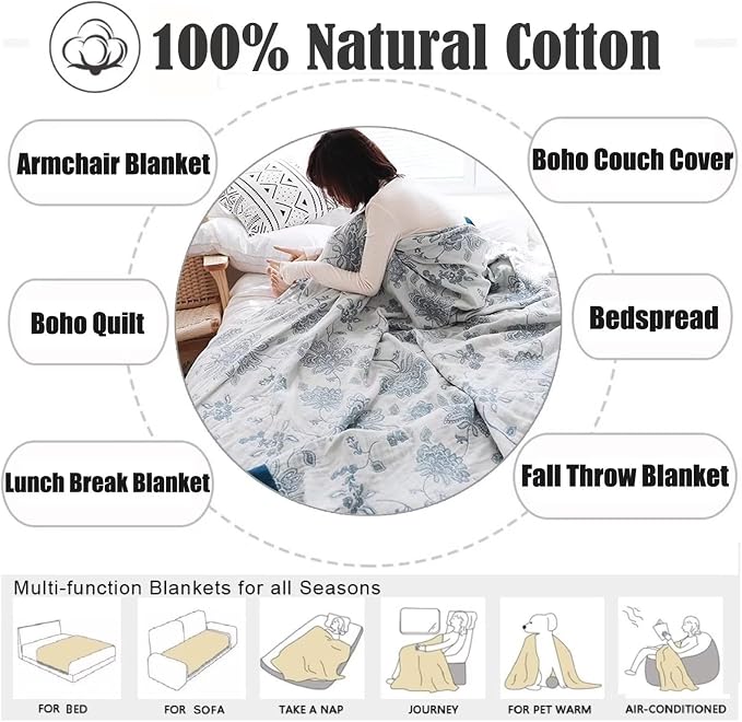 MSGKV Boho Throw Blanket 80"x90" 100% Cotton Reversible Throw Couch Bed | 100% Cotton Throw, Reversible Woven, Summer Breathable, Lightweight Comfort, Living Room Decor, Home Decorative