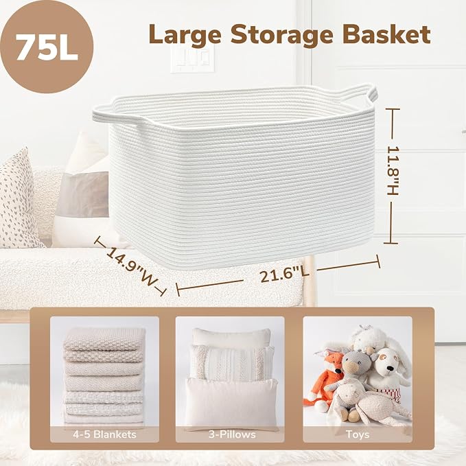 Goodpick Large Woven Rope Blanket Basket, Rectangle, White, 75L | 21.6'' x 14.9'' x 11.8'' Storage Basket for Blankets & Toys, Living Room, Bedroom & Nursery Organization, Reinforced Handles