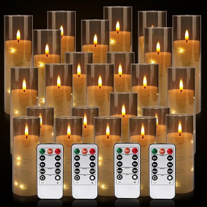 24-Pack Gray Flameless Candles with Remote, Battery Powered LED Candles with Embedded Star String Lights & Realistic Flickering Flame, Timer for Christmas Home Wedding Fireplace Mantle Decor