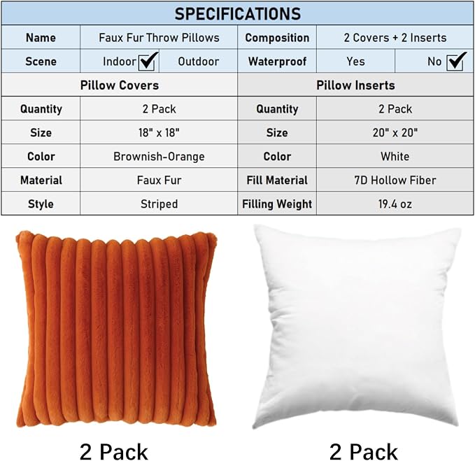 Decorative Throw Pillow with Inserts, Set of 2 Soft Faux Fur Throw Pillows, Square Boho Striped Pillow for Couch, Bed, Sofa Decor (Brownish-Orange, 18" x 18"(Pack of 2))
