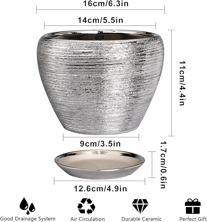 Ceramicfor Ceramic Planter - 6 Inch Plant Pot Indoor with Drainage Hole and Saucer Outdoor Pot for Plants Round Decorative Planter Modern Mid-Century Flower Pot for Office Decor Silver