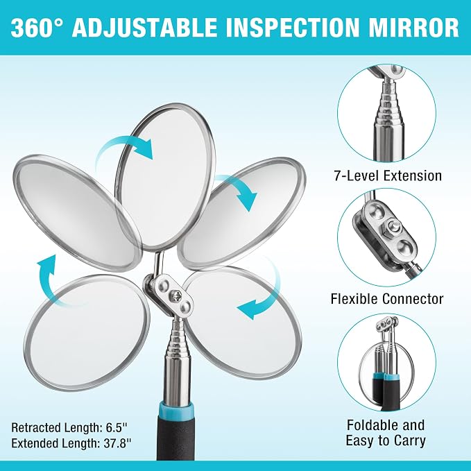 DURATECH Telescoping Back Scratcher and Pick-Up Tool Set with Pouch | Telescoping Back Scratcher Set with 5 Interchangeable Heads, 2 lb Magnetic Pickup Tool and Inspection Mirror, Extendable Use