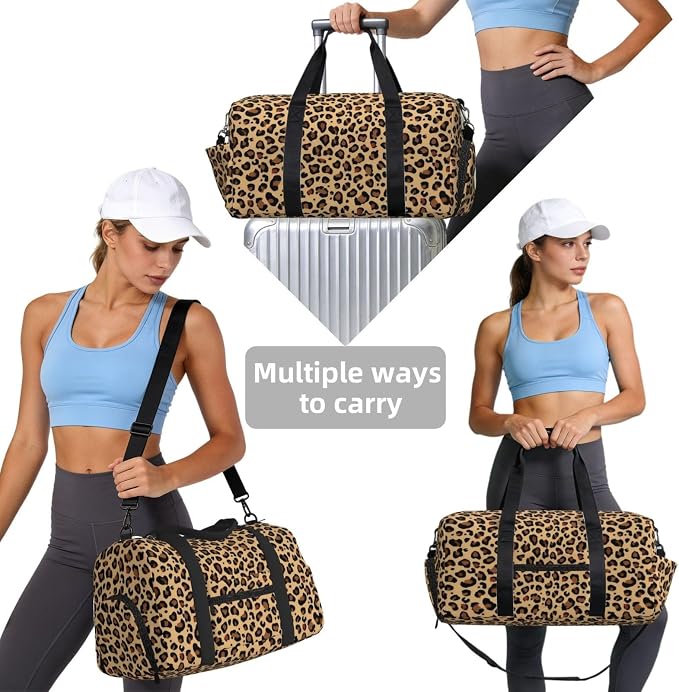 Fiokroo Sports Gym Bag Leopard Print Brown Travel Duffel Bag For Men Women With Shoe Compartment Water Resistant Gym Bag Carry On Duffel Bag For Weekend Traveling Yoga Gym Sports