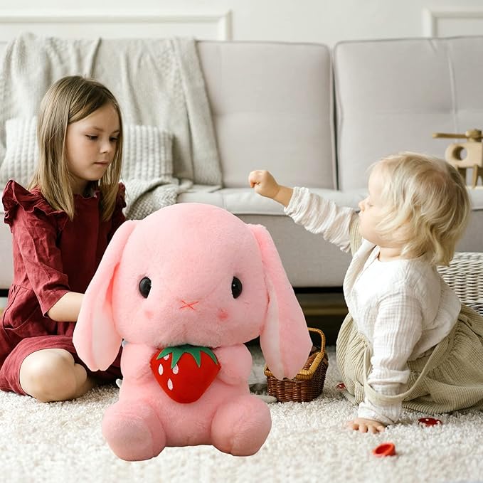 HOUPU Soft Toy - Sitting Lop Eared Rabbit, Easter White Rabbit Stuffed Bunny Animal with Carrot Soft Lovely Realistic Long-Eared Standing Pink Plush Toys (Pink-Strawberry,29.5in/75cm)