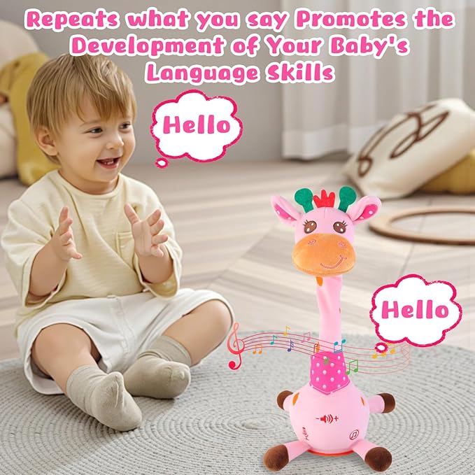 MIAODAM Dancing Giraffe Interactive Toy, Singing 10 Children's Song, Stuffed Baby Toy Repeats What You Say, Christmas Colorful Glowing Plush Interactive Toys for Toddler (Pink Giraffe)