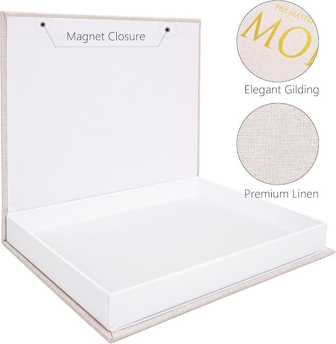 Faux Book Box Storage Set 2-Pack, Linen Beige | Decorative organizer for bookshelf coffee table, eco-friendly odor-free lightweight, sturdy cardboard