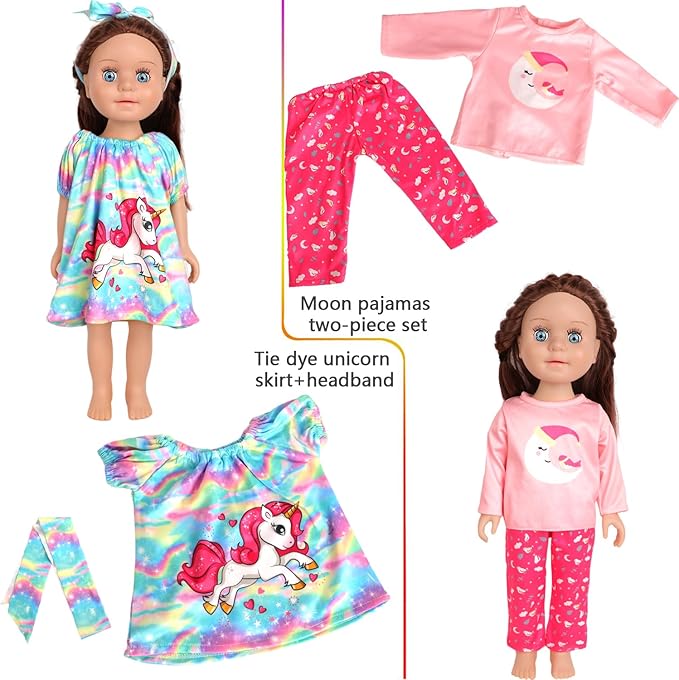 7-Set Doll Clothes & Shoes for 17-18 Inch Dolls / 11-Piece Outfits (Unicorn Dress, Pajamas, Glitter Shoes & More)
