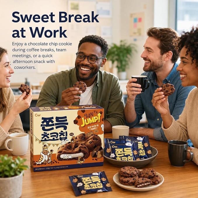 CW Korean Chocolate Chip Mochi Cookies with Chewy Center, 12 Count, 240 g | Soft baked dessert bite, coffee tea milk pairing, lunchbox treat, office pantry, care package, shareable snack box
