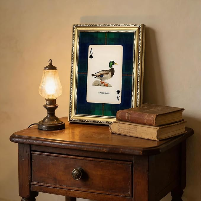 Gold Framed Vintage Mallard Duck Wall Art, Hunting Lucky Duck Wall Decor Picture Dark Wildlife Playing Card Canvas Print Painting for Farmhouse Bedroom Living Room 8x10 inch