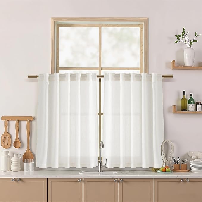 Nanspring Beige White Linen Curtains 36 Inch Length Cortinas para Cocina Kitchen Semi Sheer Short Curtains for Half Window Back Tab Rod Pocket Cafe Basement Small Curtain 36 x 36 Inch, 2 Panels