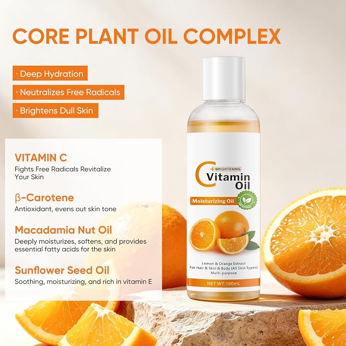 Vitamin C Oil with Squalane, Jojoba & Olive Oils - Hydrating Vitamin C Oil for Face & Body, Multi-Purpose Moisturizer with Natural Antioxidants, For Dry, Sensitive & All Skin Types, 3.38 Fl Oz