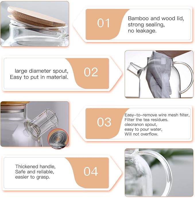 JOUALY Glass Teapot 34oz/1000ml, Stovetop & Microwave Safe Borosilicate Tea Pot,Clear Teapot with Strainer, Glass Tea Kettle with Wooden Lid for Loose Leaf、Fruit Tea and Fragrant Tea