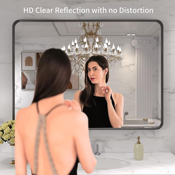 LOAAO 40X32 Inch Black Metal Framed Bathroom Mirror for Wall, Matte Black Bathroom Vanity Mirror Farmhouse, Large Rounded Rectangle Mirror, Anti-Rust, Tempered Glass, Hangs Horizontally or Vertically | Matte Black, Rounded Rectangle Mirror, Anti-Rust, ...