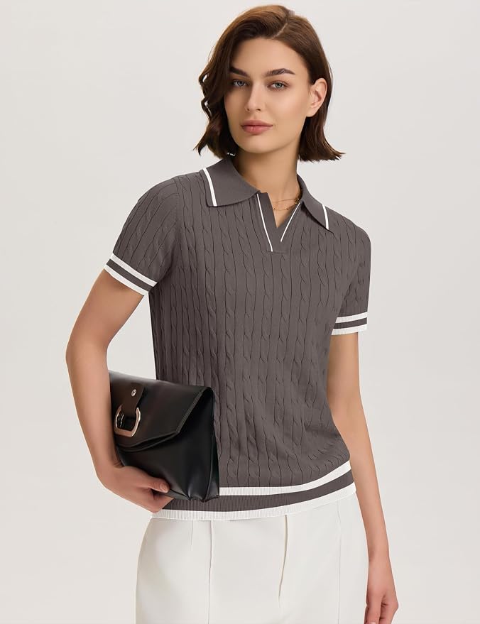 Micoson Womens Short Sleeve Sweater Tops Lapel V Neck Polo Shirts 2026 | Summer Cable Knit Loose Blouses, Business Casual Outfits