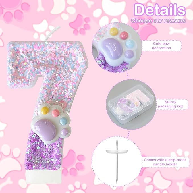 Pink Cat and Dog Paw Birthday Number Candles, Cupcake Decorations, Dog Theme Candles, Suitable for Party Celebrations, Birthday Decoration Supplies (Number 7)