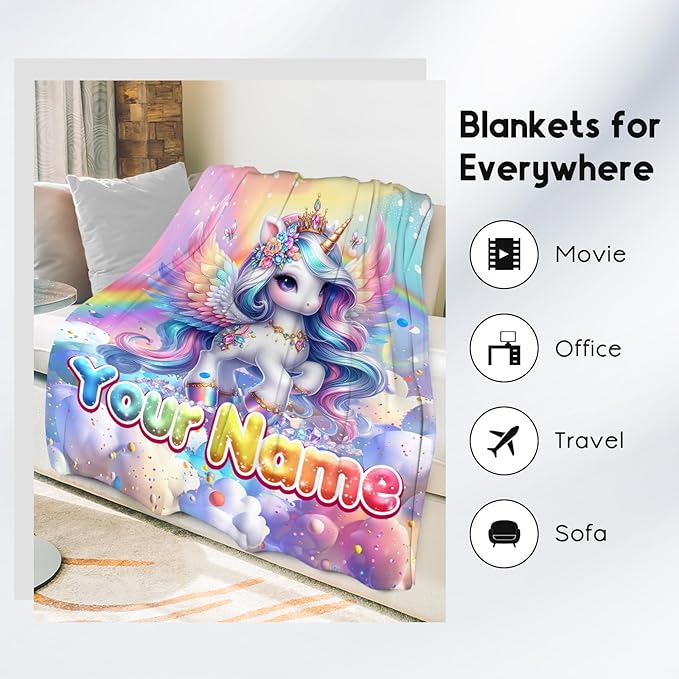 Unicorn Blankets - Custom Girls Gifts - 4 Sizes Cute Throw for Kids - Cozy Soft Fleece Blanket for Couch Bed