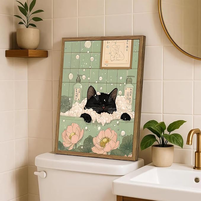 Funny Japanese Black Cat Bathroom Wall Art, Cute Black Cat in Bathtub Wall Decor Picture, Whimsical Japan Animal Bathroom Poster Canvas Prints Painting Artwork 16x24 inch Framed