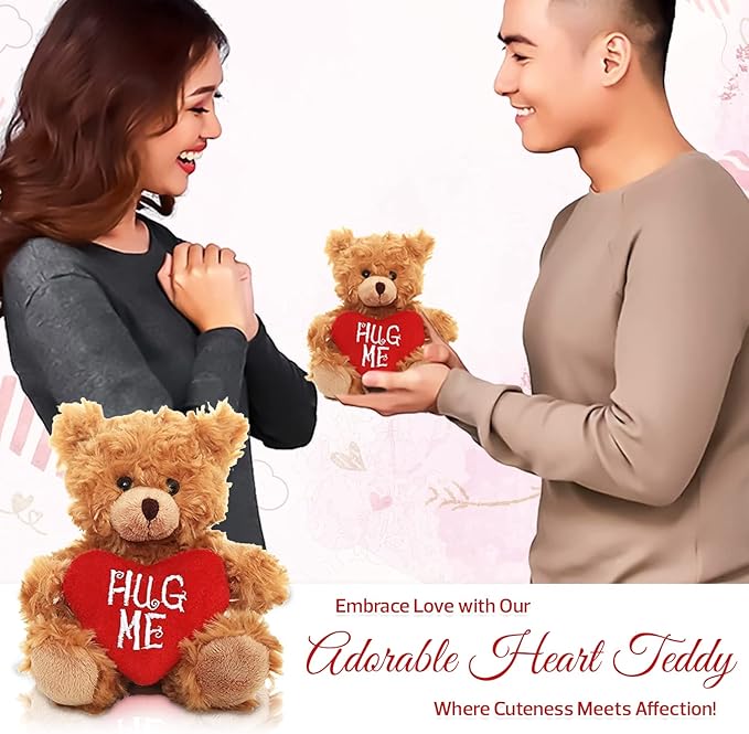 Plush Stuffed Animal Mocha Heart Bear – Hug Me Bears- Toy for Kids & Adults Valentine's Day - Embroidered Heart Pillow (9 inch Brown)