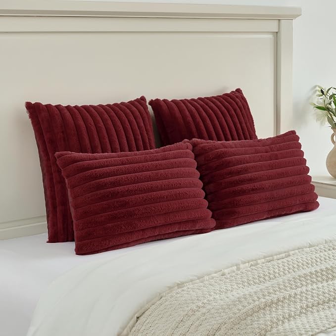 FUTEI Pack of 2 Faux Fur Throw Pillow Covers 26x26 Inch, Burgundy | Fluffy Faux Rabbit Fur Front/Premium Velvet Back,Hidden Zipper,Machine Washable,Non-Shedding,Colorfast,Insert Not Included.
