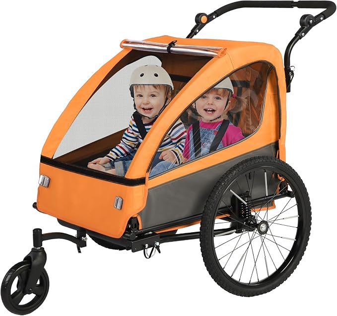 Sepnine 2-in-1 Kids Bike Trailer and Stroller with Suspension – Bike Trailer for 1 to 2 Children, Jogging Function, Foldable, 5-Point Harness, Spacious Storage, with Bug Screen and Weather Shield
