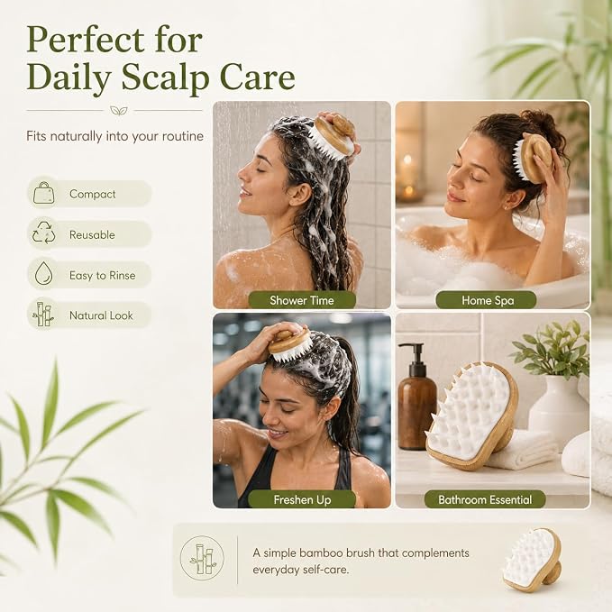 FOMIYES Bamboo Wooden Scalp Massage Brush Hair Wash Scrubber for Deep Scalp Cleaning and Dandruff Removal Comfortable Shampoo Massager for Daily Hair Care