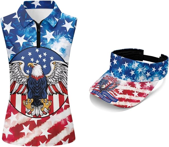 POLERO Golf Tank Top Women Golf Shirts and Visor Hat Collared Racerback Tennis Shirt Set Quarter Zip