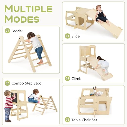 Olakids Pikler Triangle Set 8 in 1 Toddler Climbing Toys Indoor Playground Foldable Wood Baby Montessori Jungle Gym with Toddler Tower Ramp Slide Arch Rocker Angle Adjustable Ladder