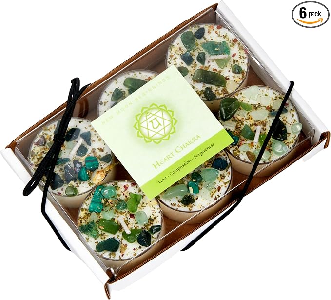 Heart Chakra Candle by New Moon Beginnings - Chakra Candles - Dried Flower, Herb, & Crystal Candles - Aromatherapy Candles - Soy Candle - Set of 6 Tealights