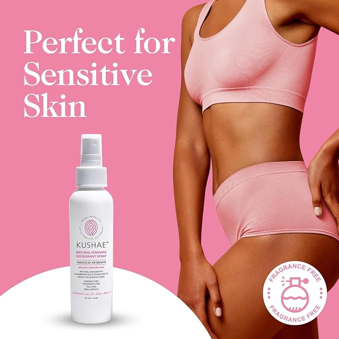 Kushae Natural Feminine Deodorant Spray for Women, All Natural, Unscented and Fragrance Free, Refreshing Control for Odor and Dryness, 4 oz