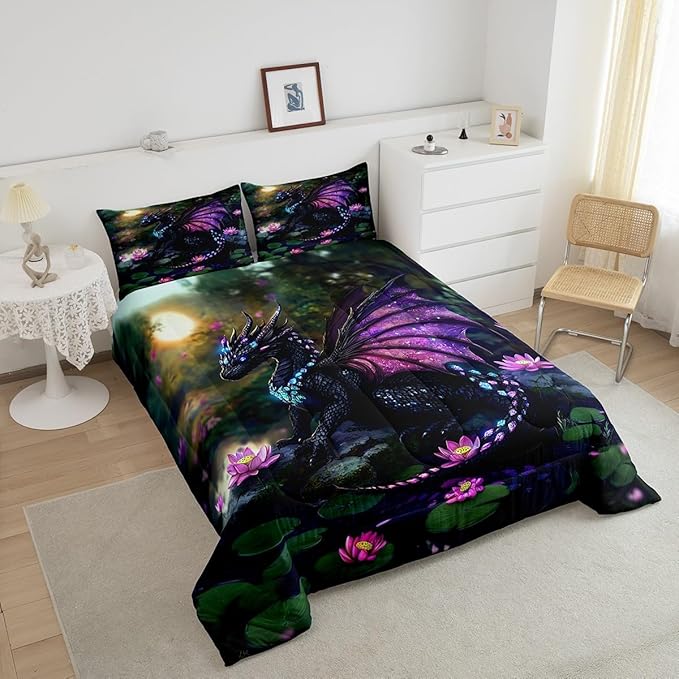 Feelyou Dragon Comforter Set King Size Dragon Stuff Comforter for Boys Girls Teens Wild Life Bedding Set Lotus Flower Duvet Set Room Decor Green Purple Quilt Set